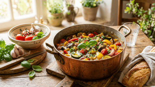 5 minutes de préparation pour une ratatouille goûteuse et riche en légumes de saison