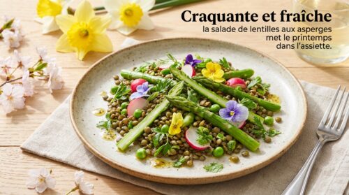 Craquante et fraîche la salade de lentilles aux asperges met le printemps dans l’assiette