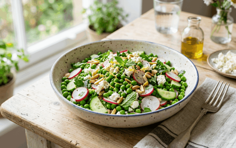 Croquante et fraîche cette salade de petits pois réveillera vos déjeuners légers