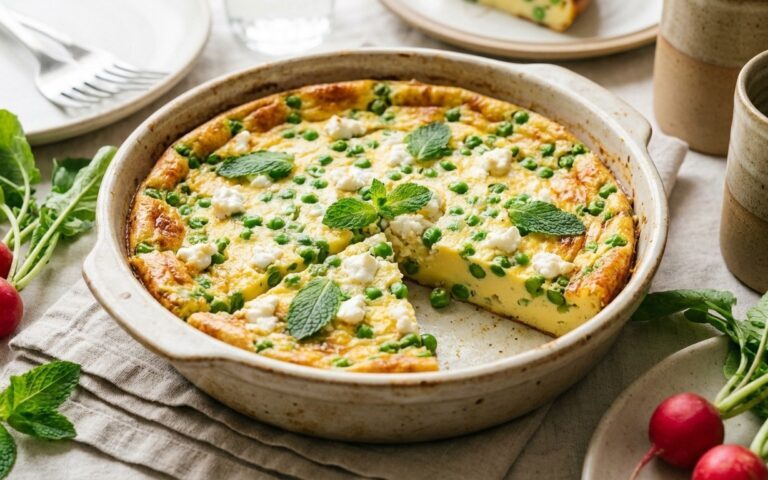 Fondant et parfumé ce clafoutis aux petits pois célèbre le printemps en douceur