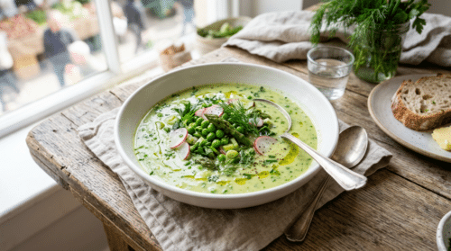 Soupe acidulée et rafraîchissante aux primeurs de printemps