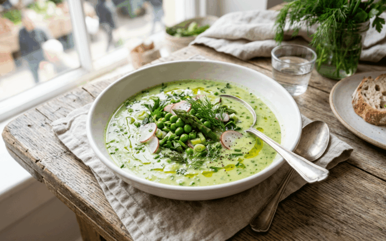 Soupe acidulée et rafraîchissante aux primeurs de printemps