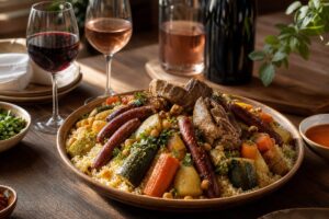 Plat de couscous avec légumes, merguez et verres de vin rouge et rosé