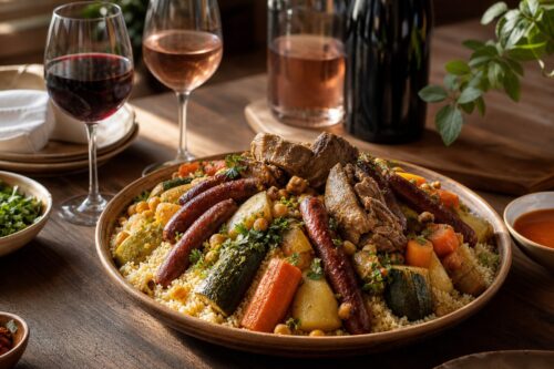 Plat de couscous avec légumes, merguez et verres de vin rouge et rosé