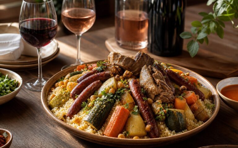 Plat de couscous avec légumes, merguez et verres de vin rouge et rosé