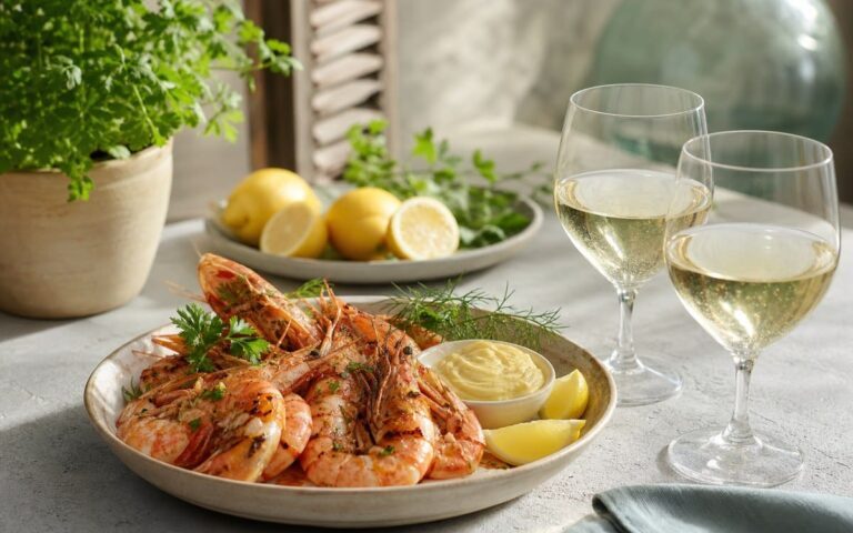 Crevettes grillées avec citron, aïoli et verres de vin blanc sec