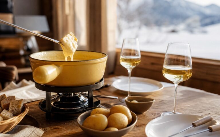 Fondue savoyarde avec pain, pommes de terre et verres de vin blanc sec