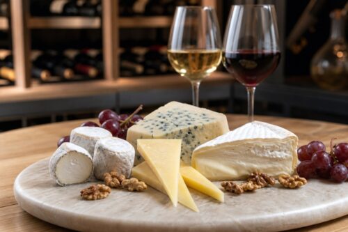 Plateau de fromages avec verres de vin blanc et rouge