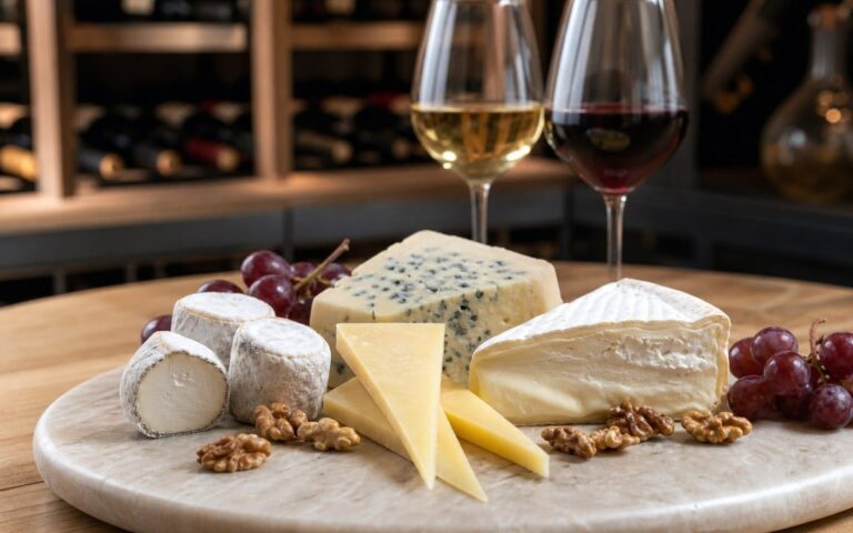 Plateau de fromages avec verres de vin blanc et rouge