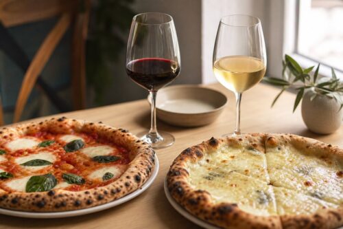 Pizzas sur une table avec un verre de vin rouge léger et un verre de vin blanc sec