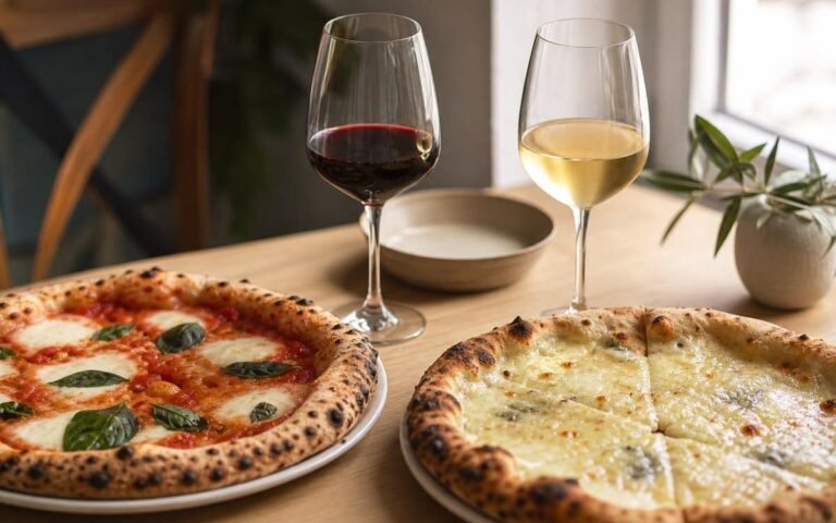 Pizzas sur une table avec un verre de vin rouge léger et un verre de vin blanc sec