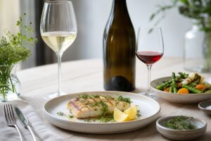Filet de poisson grillé avec citron et verres de vin blanc sec et rouge léger