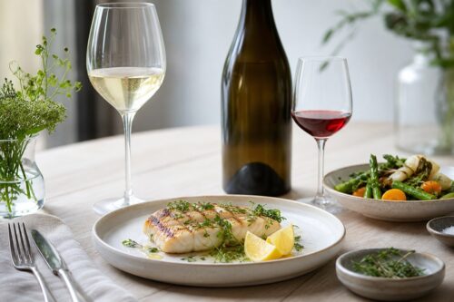 Filet de poisson grillé avec citron et verres de vin blanc sec et rouge léger