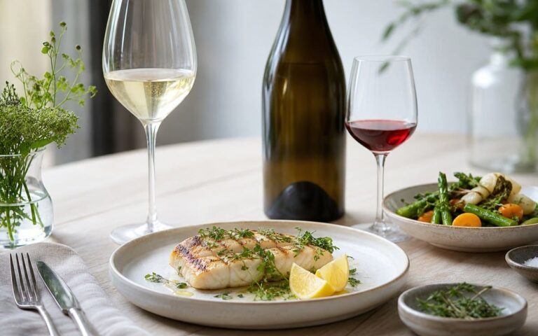 Filet de poisson grillé avec citron et verres de vin blanc sec et rouge léger