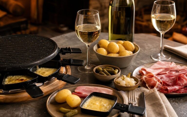 Raclette avec vin blanc, pommes de terre et charcuterie