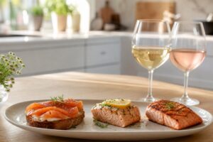 Assiettes de saumon fumé, saumon au four et saumon grillé avec verres de vin blanc et rosé