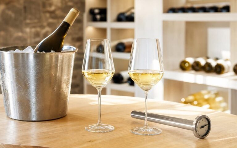Bouteille de vin blanc servie fraîche avec verres et thermomètre de service