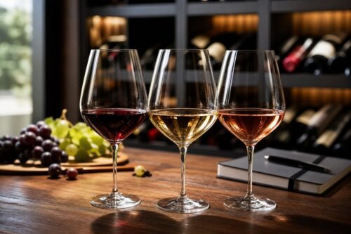 Trois verres de vin rouge, blanc et rosé pour comparer les calories