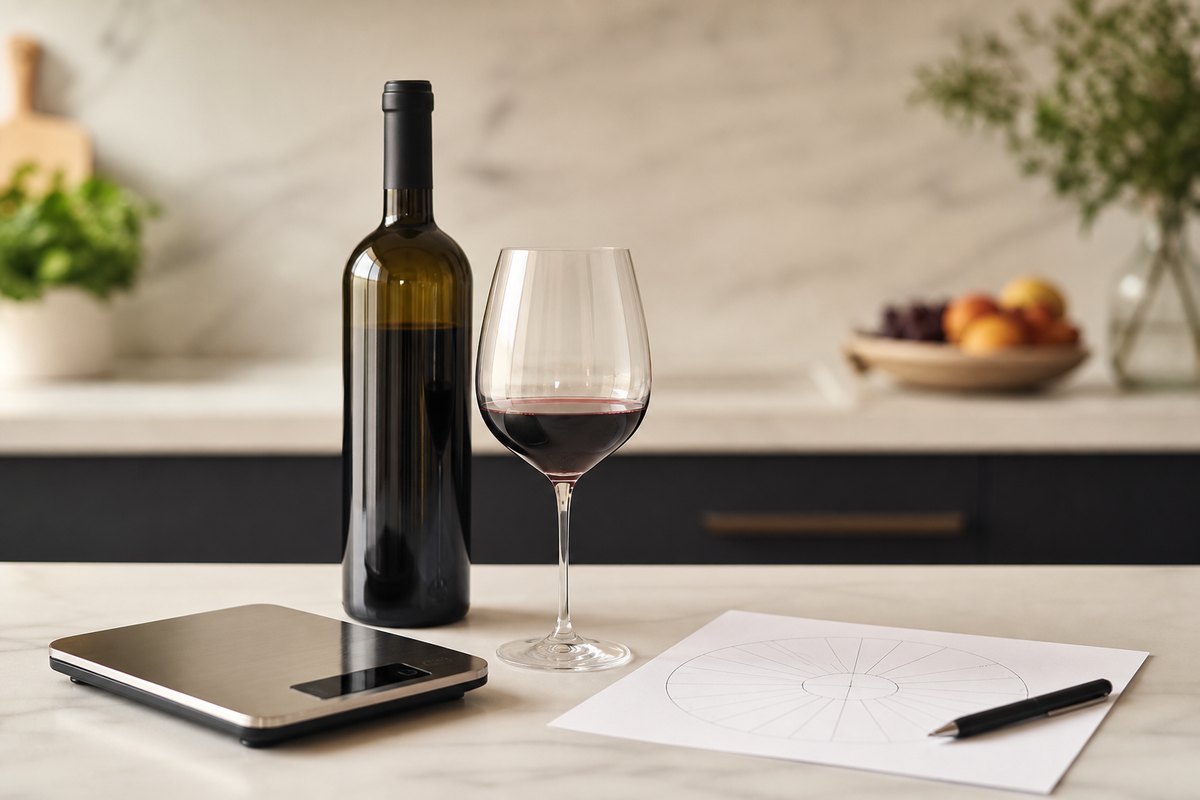 Bouteille de vin, verre dose standard et balance de cuisine