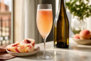 Bellini à la pêche blanche dans une flûte avec prosecco et fruits frais