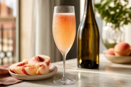 Bellini à la pêche blanche dans une flûte avec prosecco et fruits frais