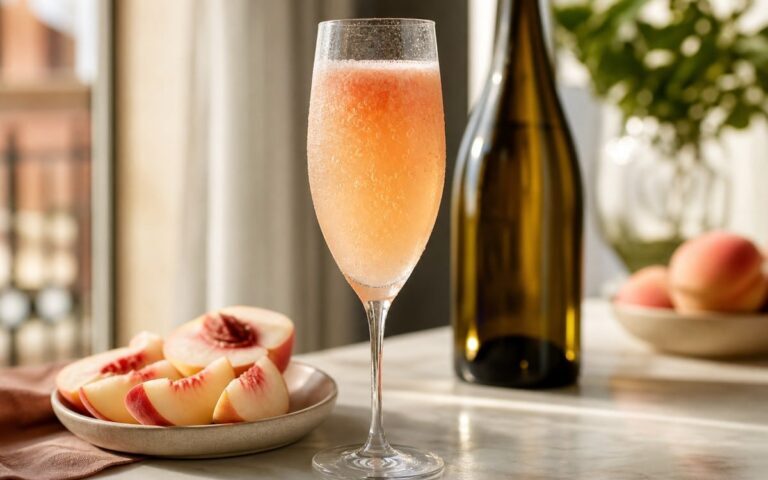 Bellini à la pêche blanche dans une flûte avec prosecco et fruits frais