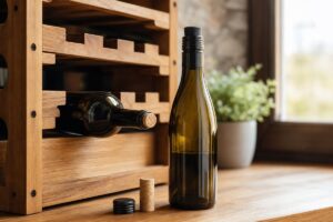 Bouteille de vin couchée dans un casier et bouteille debout avec bouchon à vis sur une table en bois