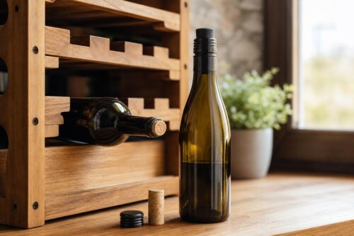 Bouteille de vin couchée dans un casier et bouteille debout avec bouchon à vis sur une table en bois