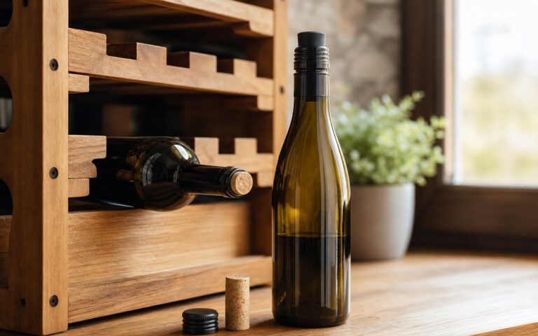 Bouteille de vin couchée dans un casier et bouteille debout avec bouchon à vis sur une table en bois