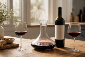 Carafe de vin rouge, bouteille ouverte et deux verres sur une table de cuisine