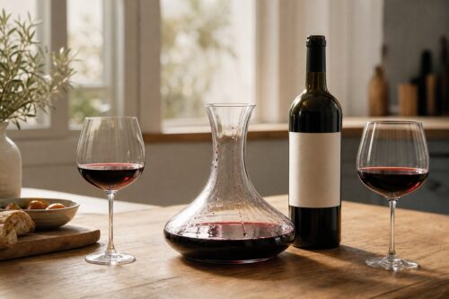Carafe de vin rouge, bouteille ouverte et deux verres sur une table de cuisine