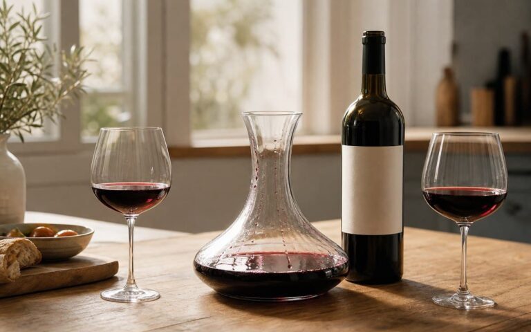 Carafe de vin rouge, bouteille ouverte et deux verres sur une table de cuisine
