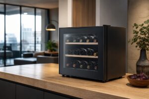 Petite cave à vin 12 bouteilles posée sur un plan de travail en cuisine moderne