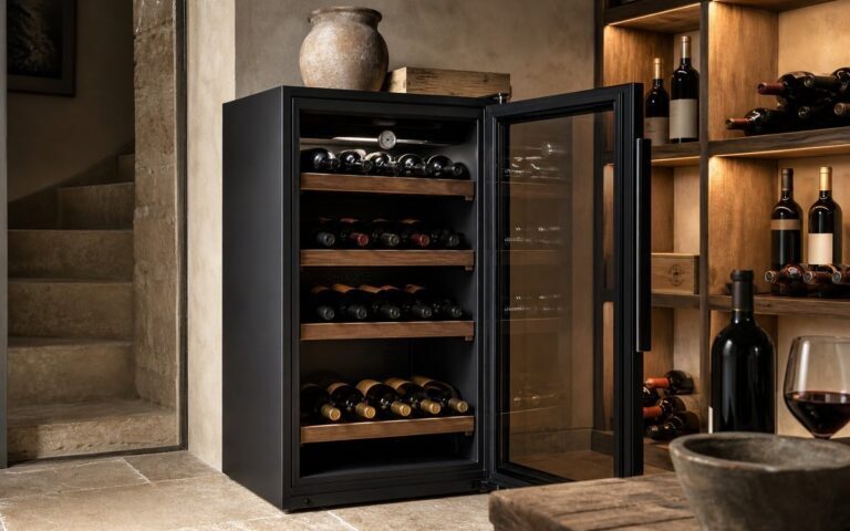 Cave à vin de vieillissement ouverte avec bouteilles rangées sur clayettes en bois