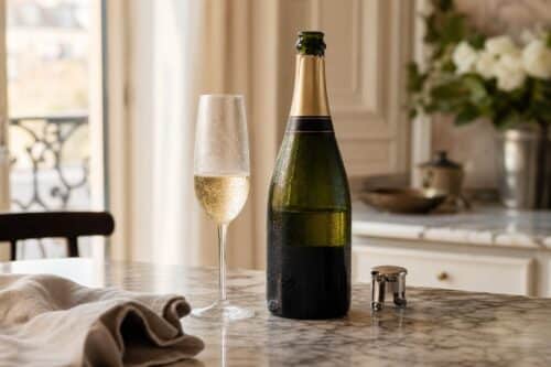 Bouteille de champagne ouverte avec bouchon hermétique et verre encore pétillant