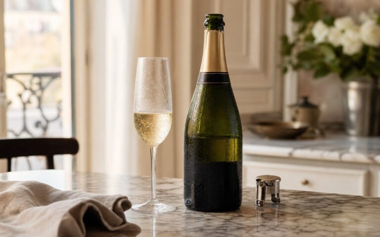 Bouteille de champagne ouverte avec bouchon hermétique et verre encore pétillant