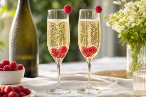 Cocktail champagne framboise dans deux flûtes avec bulles et framboises fraîches
