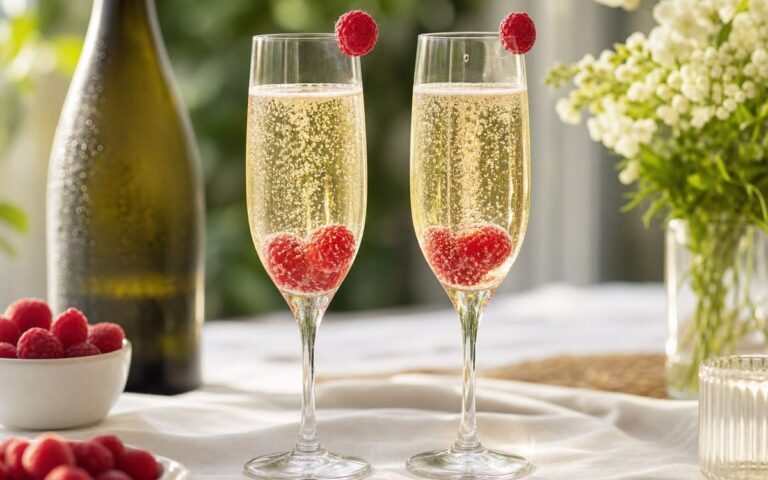 Cocktail champagne framboise dans deux flûtes avec bulles et framboises fraîches