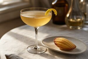 Cocktail Madeleine dans une coupe avec zeste de citron et petite madeleine