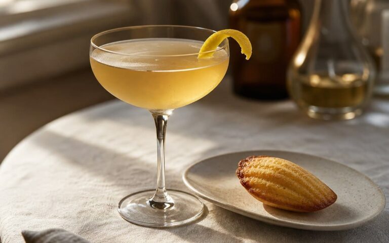 Cocktail Madeleine dans une coupe avec zeste de citron et petite madeleine
