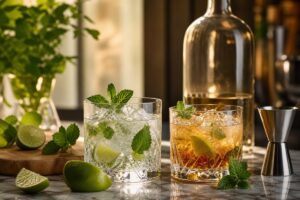 Deux cocktails au rhum avec citron vert, menthe et jigger sur un comptoir