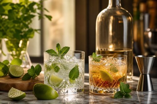Deux cocktails au rhum avec citron vert, menthe et jigger sur un comptoir