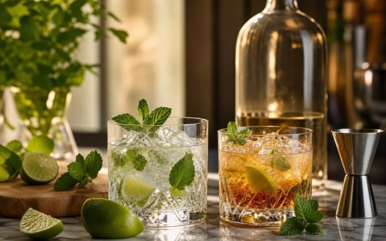 Deux cocktails au rhum avec citron vert, menthe et jigger sur un comptoir