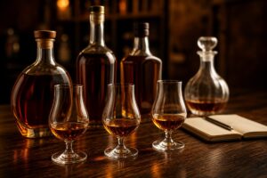 Verres tulipe et bouteilles de cognac anonymes sur une table de dégustation