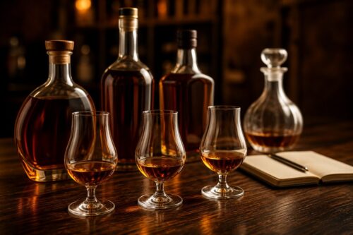 Verres tulipe et bouteilles de cognac anonymes sur une table de dégustation