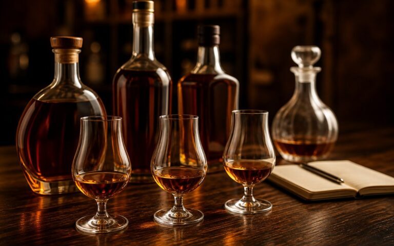 Verres tulipe et bouteilles de cognac anonymes sur une table de dégustation