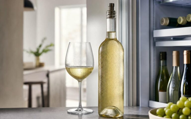 Bouteille de vin blanc ouverte et verre servis près d’un réfrigérateur
