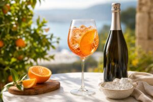 Verre de Spritz orange avec glaçons tranche d’orange et bouteille neutre sur table lumineuse