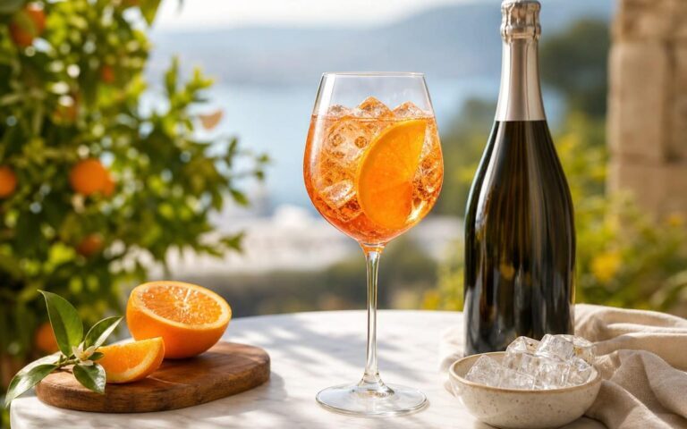 Verre de Spritz orange avec glaçons tranche d’orange et bouteille neutre sur table lumineuse