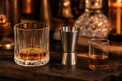 Verre de whisky avec jigger de mesure pour calculer une dose en centilitres